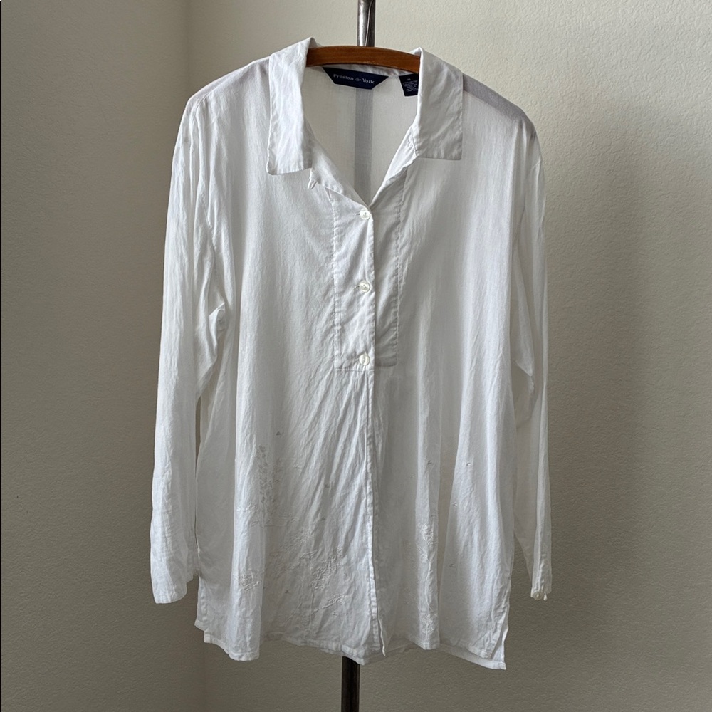 Preston & York white 100 % cotton tunic embroidered XL prarie cottage romantic